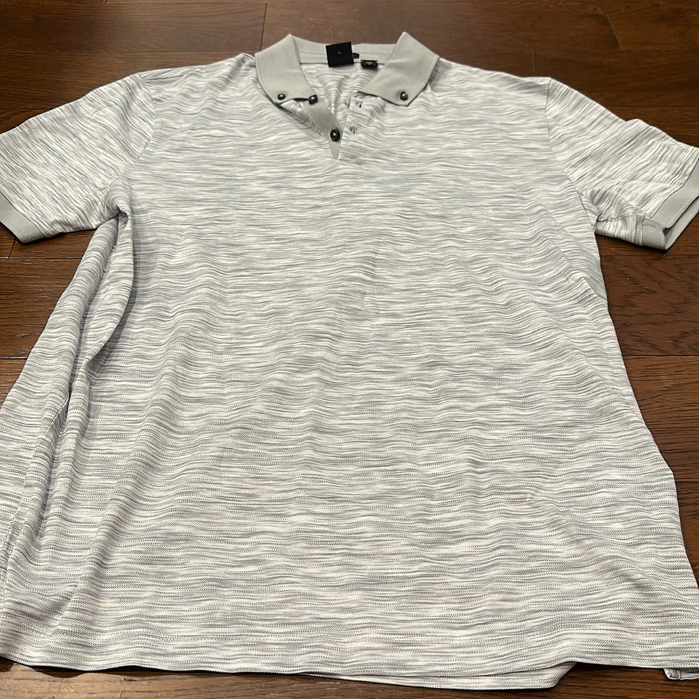 Hugo Boss. Men’s, collared, gray and white, short sleeved shirt. Barely worn.